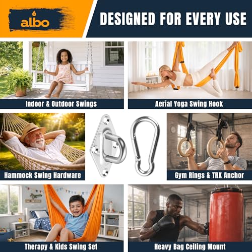 Albo Diamond Plate 2650lbs Swing Hangers 4 PCS - Heavy Duty Ceiling Mount Hooks with Snap Carabiners, 304 Stainless Steel for Wood & Concrete & Metal, Indoor Outdoor Anchor for Hammock, Yoga, TRX - size: Diamond 4pcs Silver