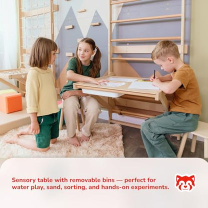 WoodandHearts 5in1 Modular Swedish Wall Gym Set for Kids Sensory Development – Swedish Ladder with Adjustable Pull-Up Bar, Rope Climbing Wall & Rock Climbing Panels (Base Set+Sorter Desk+Sit-Up Bar) - style: Base Set + 2-in-1 Sorter Desk + Sit-Up Bar