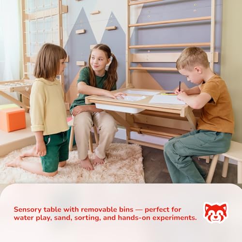 WoodandHearts 5in1 Modular Swedish Wall Gym Set for Kids Sensory Development – Swedish Ladder with Adjustable Pull-Up Bar, Rope Climbing Wall & Rock Climbing Panels (Base Set+Sorter Desk+Sit-Up Bar) - style: Base Set + 2-in-1 Sorter Desk + Sit-Up Bar