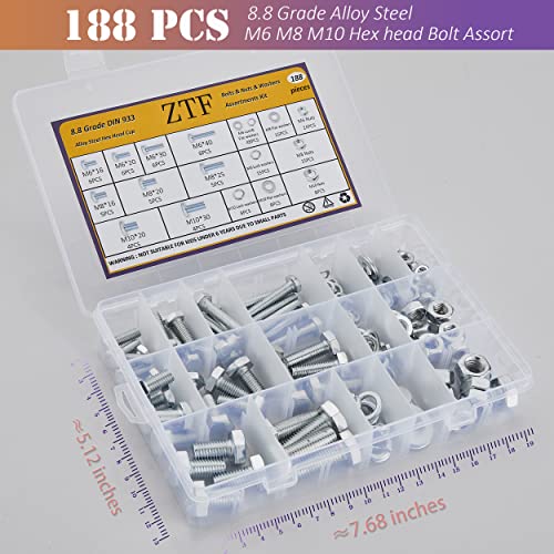 ZTF 188PCS M6 M8 M10 Hardware Nuts and Bolts Assortment Kit, Heavy Duty Metric Machine Screws Nuts Washers, 9 Most Common Sizes Zinc Alloy Steel Grade 8.8 (M6 M8 M10 Kit) - style: silver-M6 M8 M10 Hex Bolts