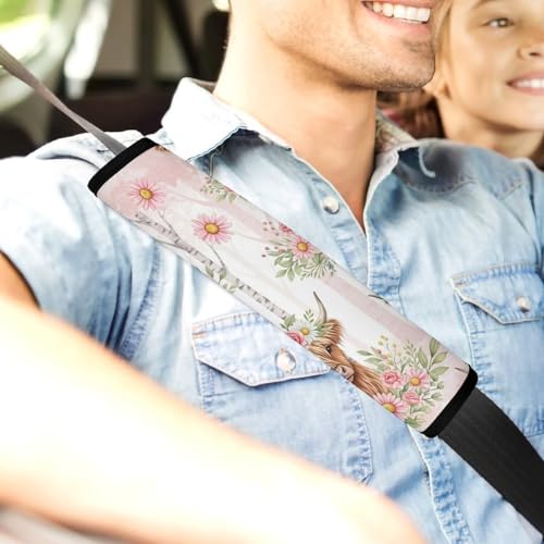 2PCS Pink Cattle Daisy Highland Cow Seat Belt Cover Breathable Automotive Seat Belt Protector for Adult Use, Most Cars, Pressure Relief - color: Pattern 896
