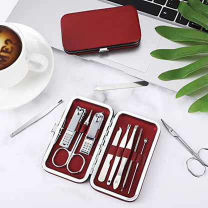 Geosar 12 Sets Manicure Set Nail Clippers Pedicure Kit 8 in 1 Grooming Stainless Steel Kits Nail Care Tools with Travel Case for Employee Coworker Teachers Nurse Gifts(Wine Red) - color: Wine Red