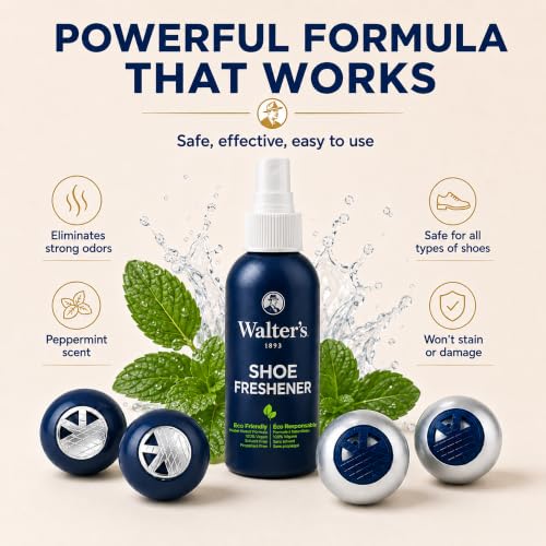 Shoe Deodorizer Spray & Odor Eliminator Kit - Shoe Spray for Smelly Shoes, Feet & Gym Bags | Peppermint Scent | Odor Removal & Shoe Cleaning Solution | 4 fl oz Spray + 2 Pairs of Deodorizer Balls