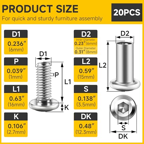 Mywish 10Sets M6 x 16mm Flat Head Hex Socket Cap Screws Bolts and Barrel Nuts Kit, 304 Stainless Steel Furniture Connector Bolts, Metric M6 Countersunk Binding Screws for Crib Cabinet with Hex Spanner - size: M6 x 16mm