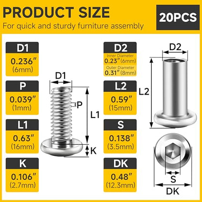 Mywish 10Sets M6 x 16mm Flat Head Hex Socket Cap Screws Bolts and Barrel Nuts Kit, 304 Stainless Steel Furniture Connector Bolts, Metric M6 Countersunk Binding Screws for Crib Cabinet with Hex Spanner - size: M6 x 16mm