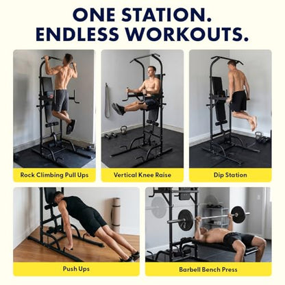 SQUATZ Pull-Up Dip Station - Your All-in-One Power Tower Gym and Chin-Up Bar Stand with Collapsible Bench for Home Exercise and Bench Press