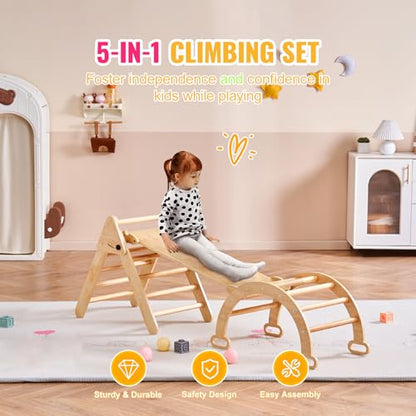 Happybuy 5-in-1 Toddler Climbing Set, Montessori Pikler Triangle, Ramp & Arch, Medium Wooden Playground for 1-3 Years, Indoor Climbing Gym, Wood Color
