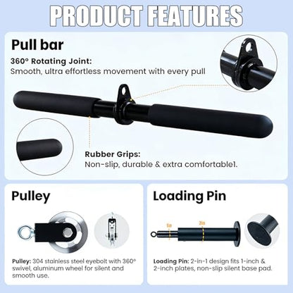 360° Rotating Cable Pulley System, Home Gym LAT Pulldown Attachments for Biceps, Triceps and Back Workout, Fits Power Rack, Squat Stand and Training Cage