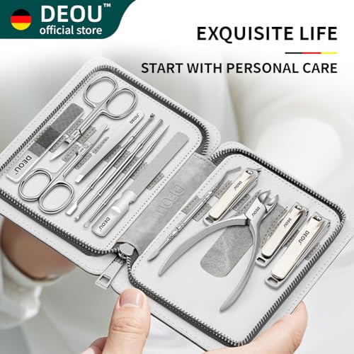 DEOU 13pcs Nail Grooming Kit Stainless Steel Professional Manicure Set Men Nail Care Tools with woman Luxurious Portable Travel Case Gift (Gray) | Manicure Pedicure Kit for Men Women, Nail Care Cuticle Tools, Luxury Finger & Toe Nail Clipper Set, Grey Tra