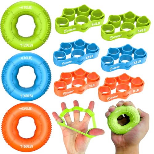 FitBeast Grip Strength Trainer, Finger Exerciser, Forearm Strengthener 9-Piece Kit, Hand Grip Strengthener Targeted Strength, Relief & Recovery - color: Orange