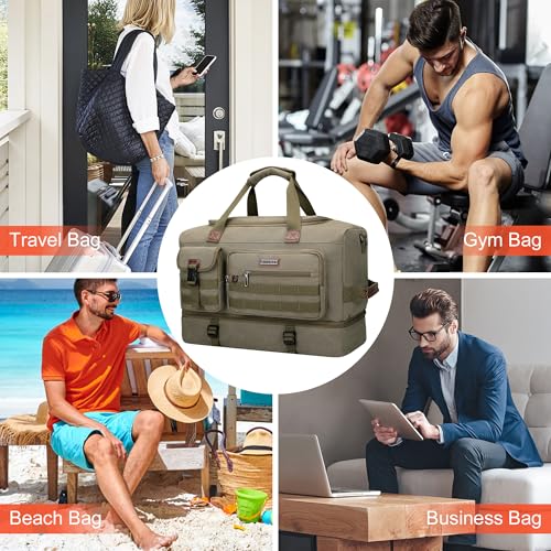 WITZMAN Duffle Bag for Men 50L Travel Canvas Weekender with Toiletry Bag | With Shoe Compartment and Dry-wet Pocket, Convertible, Carry On, One Duffel for Gym, Sports, Overnight, A8010/2 Army Green - color: Army Green