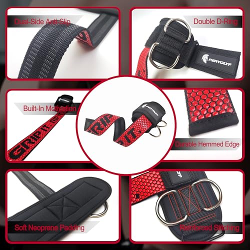 Double-Side Anti-Slip PERYOLYF Lifting Straps with D Ring - Adjustable Gym Straps for Deadlifts, Weightlifting & Cable Machine - Thick Wrist Support for Men & Women - color: Red