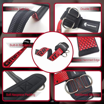 Double-Side Anti-Slip PERYOLYF Lifting Straps with D Ring - Adjustable Gym Straps for Deadlifts, Weightlifting & Cable Machine - Thick Wrist Support for Men & Women - color: Red