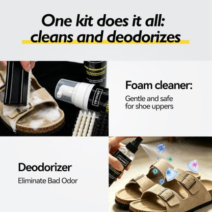 6-in-1 Shoe Cleaning Kit,Compatible with Birkenstock, with Plant-Based Foam, Deodorizing Spray, 3 Brushes & Microfiber Towel, for Sneaker, Leather, Nubuck, Boot, Suede, Athletic Shoes,etc