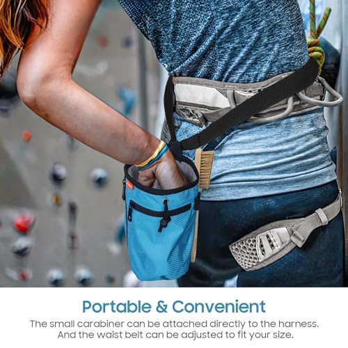 MoKo Climbing Chalk Bag with Chalk Brush, Waterproof Nylon Bouldering Chalk Bag Bucket with 2 Large Zippered Storage Pockets Drawstring Closure Adjustable Belt Chalk Bag for Climbing Gymnastics - color: Light Blue, style: Straight