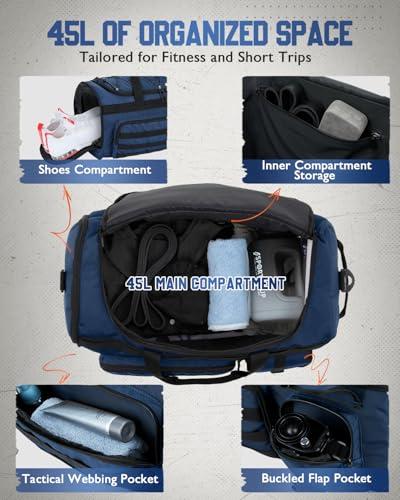 Gonex 45L Duffel Bag for Men, 3 in 1 Convertible Carry Gym Duffle with Shoe Compartment, Tactical Gear Loops, Water-Repellent Lining, Workout & Travel Bag (Dark Blue) | Shoe compartment, Tactical gear loops, Water-repellent lining, 5 zip pockets, Weekend
