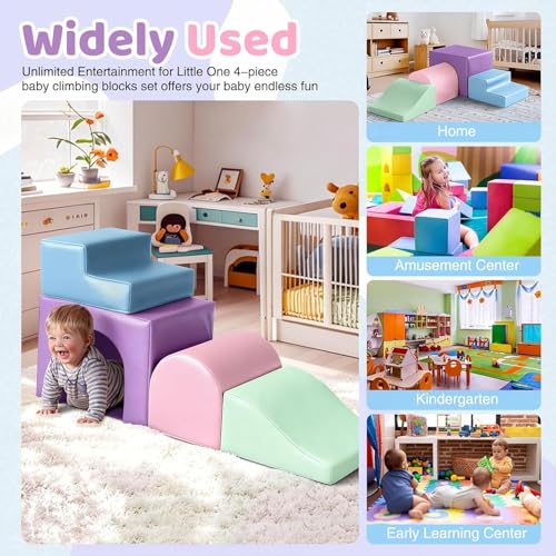 Sumbababy Soft Climbing Blocks Set for Toddlers: 4 PCS Foam Play Structures with Tunnel - Indoor Playground for Kids with Slide and Stairs - Safe Play Gym for Boys and Girls - style: Macaron/Pink/Blue