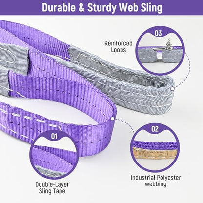 2-PCS 5:1 Safety Factor 1" X3.3' Lifting Slings 2204 lbs Webbing Sling 2 ply Polyester Lifting Strap with Twisted Eye & Eye for Industrial Shop Use, Hoist, Tree Stumps, Heavy Duty Cargo, Purple