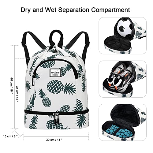 Dry Wet Drawstring Backpack with Shoe Compartment for Women Adjustable Gym Bag - color: Pineapple Green