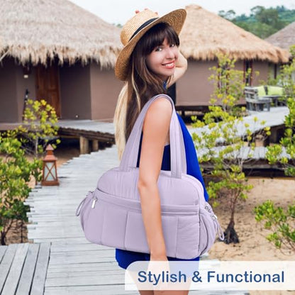 TOPDesign Travel Duffel Bag for Women, Puffer Gym Bag Sports Tote with Wet Pocket, Carry On Weekender with Luggage Sleeve (Light Purple) - color: Light Purple