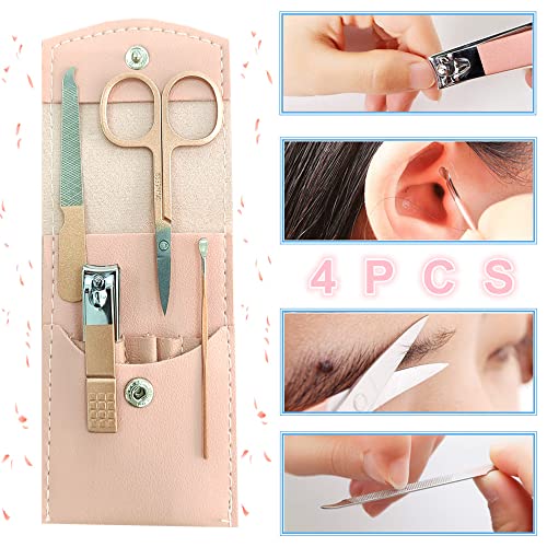Manicure Set, Professional Women Nail Clippers Kit 4PCS, Stainless Steel Nail Cutter Care Tools Professional Grooming Kits, PU Leather Travel Case （rose gold） - color: rose gold