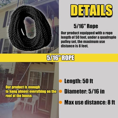 Rope Pulley Hoist Multifunctional 2200 LBS Breaking Strength | 3/8 Rope for Lifting Hoisting Rigging Garage Shop Hunting Farm Construction Industrial Warehouse Marine Overhead Recovery - color: Black.
