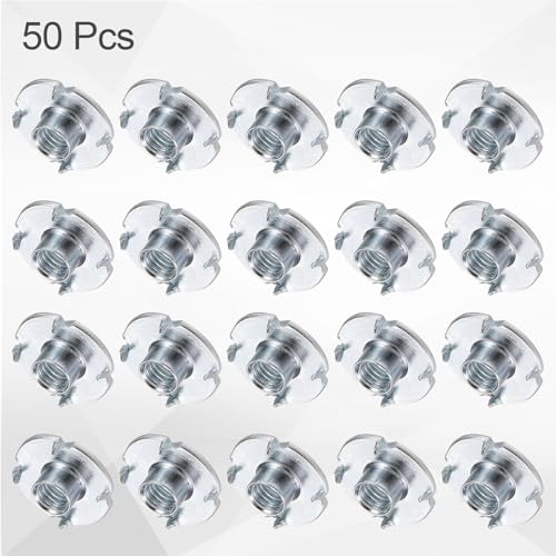 HARFINGTON M6x6mm T-Nuts 4 Pronged Tee Nut 0.75" x 0.24" Fully Thread Carbon Steel Inserts for Wood, Rock Climbing Holds, Cabinetry, Furniture 50pcs - size: M6x6mm