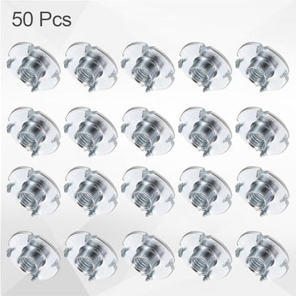 HARFINGTON M6x6mm T-Nuts 4 Pronged Tee Nut 0.75" x 0.24" Fully Thread Carbon Steel Inserts for Wood, Rock Climbing Holds, Cabinetry, Furniture 50pcs - size: M6x6mm