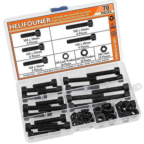 HELIFOUNER 70 Pieces M8 x 30mm /35mm /40mm /45mm /50mm, Hex Socket Head Cap Metric Screws Bolts Washers Nuts Kit, 12.9 Grade Alloy Steel, Fully Threaded, Black - size: M8 x 30/35/40/45/50mm, style: Socket Head