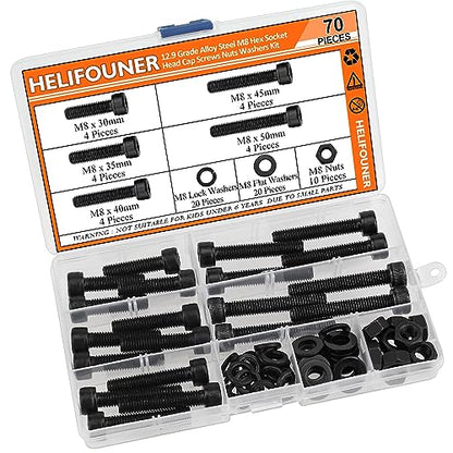HELIFOUNER 70 Pieces M8 x 30mm /35mm /40mm /45mm /50mm, Hex Socket Head Cap Metric Screws Bolts Washers Nuts Kit, 12.9 Grade Alloy Steel, Fully Threaded, Black - size: M8 x 30/35/40/45/50mm, style: Socket Head