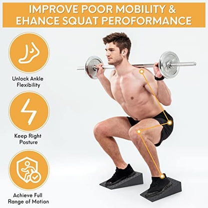 Squat Wedge for Easier Squats: 2-Pack Non-Slip Blocks with Guides | Improve Knees Ankles Mobility for Split Squats Weightlifting Deadlift Fitness Enthusiasts Home Exercisers Daily Workout