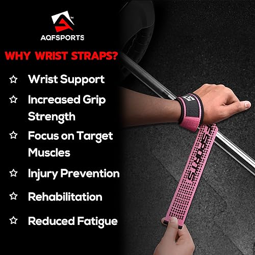 AQF Weight Lifting Straps, Padded Cotton Gym Wrist Straps for Deadlifts | 23" Extra-Long, Heavy-Duty Webbing, 5mm Neoprene Cushioning, Open-Loop Design, Sold as Pair, Ideal for Rows & Pull Workout - color: Pink Gel Grip