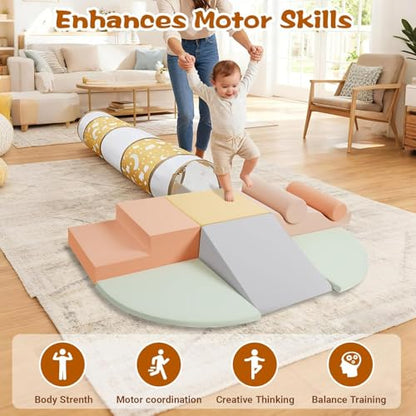 Climbing Toys for Toddlers, 9-Piece Soft Foam Climbing Blocks Set&Crawl Through Tunnel, Toddler Climbing Toys Indoor Foam Play Gym for Climbing Crawling and Sliding - style: 9-Piece