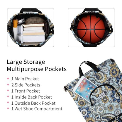 Dry Wet Drawstring Backpack with Shoe Compartment for Women Adjustable Gym Bag - color: Geometric Flower