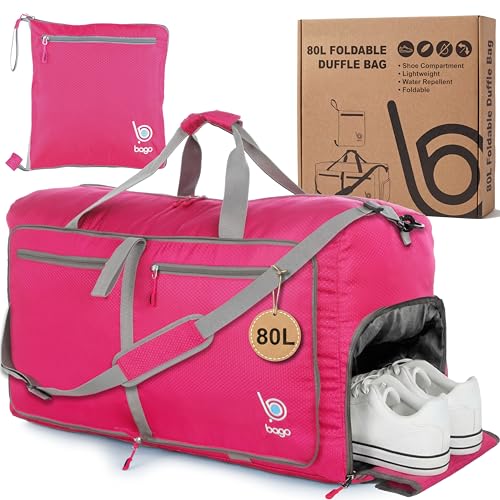 Bago Foldable Duffle Bag for Camping & Travel with Shoe Compartment. 80L Duffle Bags for Women & Men. Collapsible Large Duffel Bags for Overnight or a Weekender - color: Pink, size: 80L