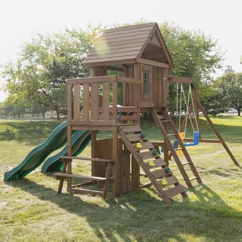 Swing-N-Slide Lookout Mountain Wooden Swing Set with Two Slides, Climbing Wall, Swings, Glider & Picnic Table, Wood - size: Lookout Mountain