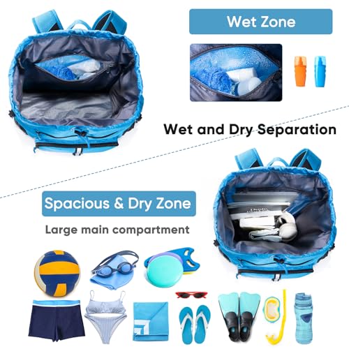 Large Beach Backpack Waterproof Sandproof - Customized Oversized Drawstring Pool Bag with Shoe Compartment for Toiletries, Towels, Gym, Travel - color: Blue, size: Large