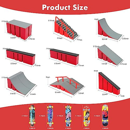 Finger Skateboard Park Kits (9 in 1),Finger Skateboard Ramp Set with 5 Fingerboards, Finger Scooter,Finger Bike,Finger Skateshoes and Finger Pants,Skateboard Toys Christmas Birthday Gift for Kids