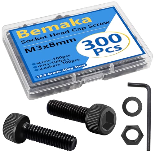 300PCS M3 x 8mm Hex Socket Head Cap Screws with Nuts and Washers, 12.9 Grade Alloy Steel M3 Bolts with Hex Wrench - size: M3 x 8mm, style: Socket Head