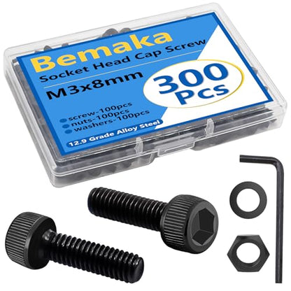 300PCS M3 x 8mm Hex Socket Head Cap Screws with Nuts and Washers, 12.9 Grade Alloy Steel M3 Bolts with Hex Wrench - size: M3 x 8mm, style: Socket Head