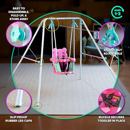 Sportspower My 1st Toddler Swing - Heavy-Duty Baby Indoor/Outdoor Swing Set with Safety Harness, Pink/Pale Green, 57" L x 56" W x 47" H - color: Pink/Pale Green