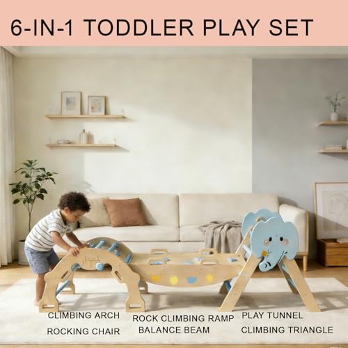 OUTLANE Pikler Triangle Set, 7-in-1 Foldable Wooden Toddler Climbing Toys Indoor, Jungle Gym for Toddlers, Large Montessori Climbing Set with Reversible Slide, Arch Ramp, Ladder, Draw Board & Cushion - color: Blue With Draw Board