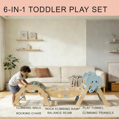 OUTLANE Pikler Triangle Set, 7-in-1 Foldable Wooden Toddler Climbing Toys Indoor, Jungle Gym for Toddlers, Large Montessori Climbing Set with Reversible Slide, Arch Ramp, Ladder, Draw Board & Cushion - color: Blue With Draw Board
