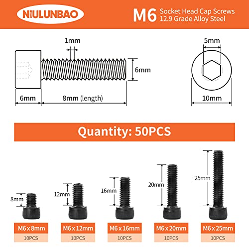 M6 x 8mm 12mm 16mm 20mm 25mm Hex Socket Head Cap Screws Bolts 12.9 Grade Alloy Steel, Black Oxide Finish, Metric Allen Hex Drive, Machine Fully Threaded, Assortment Kit 50PCS - size: M6 x 8/12/16/20/25mm (50PCS)