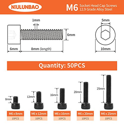 M6 x 8mm 12mm 16mm 20mm 25mm Hex Socket Head Cap Screws Bolts 12.9 Grade Alloy Steel, Black Oxide Finish, Metric Allen Hex Drive, Machine Fully Threaded, Assortment Kit 50PCS - size: M6 x 8/12/16/20/25mm (50PCS)