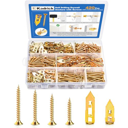 Kadrick 420Pcs Self Drilling Drywall Anchors with Screws Assortment，Zinc Plated,2025 Upgraded Hollow Wall 2 Sizes Anchors and 4 Sizes Screws Kit, Easy Application No Drill or Holes in Wall - size: 420Pcs 6Size Kit