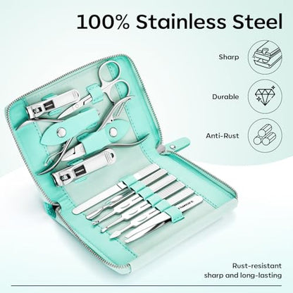 FAMILIFE Manicure Kit for Women, Professional Manicure Set Nail Clippers Set 11 in 1 Stainless Steel Pedicure Tools Nail Kit Men Grooming Tool with Portable Green Travel Case for Home, Travel - color: Green