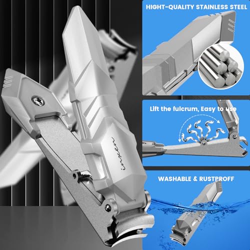 INXEN Nail Clippers for Men with Catcher, Sharp Nail Clippers of No Splash Self-Collecting, Stainless Steel Heavy Duty Toenail Clippers for Fingernail and Toenails,Nail Cutter for Seniors Adults Women - style: Large Silver (3.5x0.79 inch）