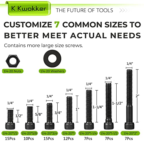 1/4 20 Bolt and Nuts, with Washers for Screws, Hex Socket Head Screws 7 Lengths are 2", 1-1/2", 1-1/4", 1", 3/4", 5/8", 1/2", 12.9 Grade Alloy Steel, 220Pcs, Black, Full Machine UNC Thread | 12.9 Grade Black UNC Thread Machine Bolts w/ Washers, 12.9 2", 1