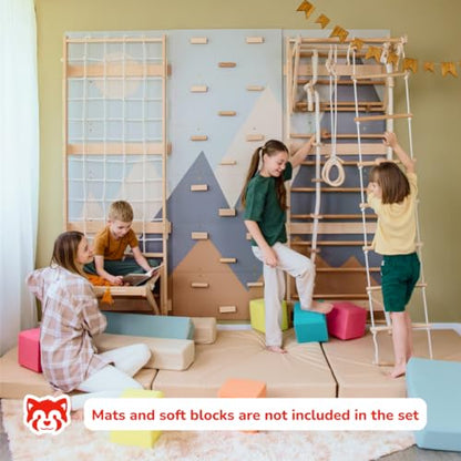 Wood And Hearts 8in1 Modular Swedish Wall Gym Set for Kids Indoor Active Play – Adjustable Pull-Up Bar, Rock Climbing Wall, Rope Accessories & Decorative Panels (Base Set+Rope Accessories+Sit-Up Bar) - style: Base Set + Rope Accessories + Sit-Up Bar